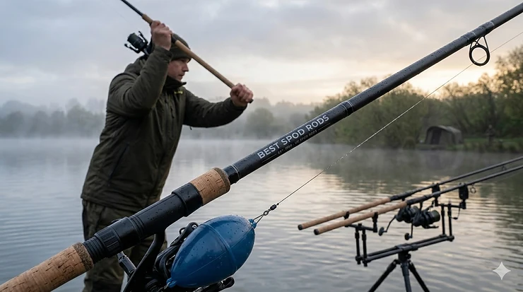 A selection of the best spod rods for carp fishing lined up on a rod pod against a British lake background. best spod rods