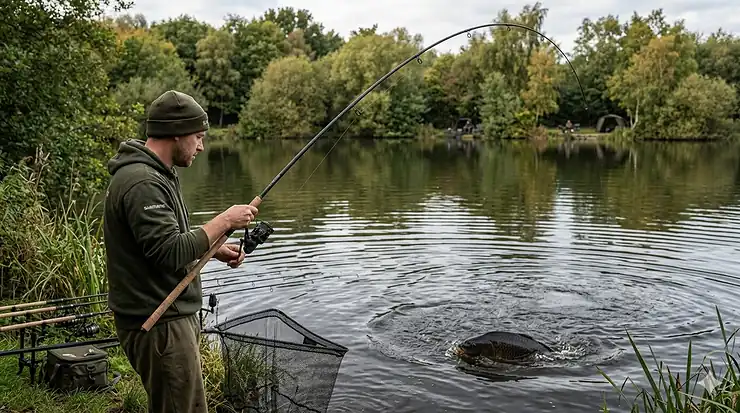 A 12ft carp rod showing a full test curve compression while playing a large fish at a British specimen lake. which test curve for carp fishing