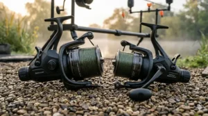 A size comparison between a large capacity big pit freespool reel and a compact model for short-range stalking.