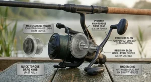 Infographic explaining high-torque gear ratios for retrieving heavy leads from distance.