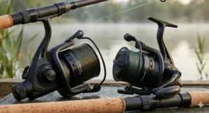 Diagram showing deep aluminium spool capacity for heavy-duty monofilament carp line.