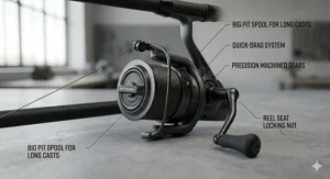 A big pit carp reel fitted to a 3.5lb test curve rod for long-range UK carp fishing.