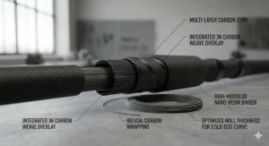 Detail of the high-modulus carbon fibre blank on a distance-focused 3.5lb test curve rod.