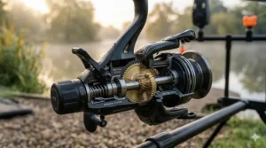 A technical cutaway illustration showing the internal brass gears and stainless steel bearings of a high-performance carp reel.
