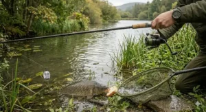 A close-up of a stalking rod rigged for surface fishing with a transparent controller float and crusty bread bait, with a carp rising to the surface among lily pads.