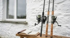 A side-by-side comparison of a 9ft stalking rod and a standard 12ft carp rod against a whitewashed stone wall, illustrating the difference in length and mobility for the mobile angler.