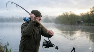 An angler casting a heavy-duty spod rod to a long-distance marker at a UK carp fishery.