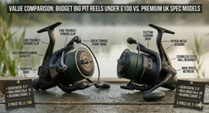Comparison chart showing features of budget big pit reels under £100 versus premium models.