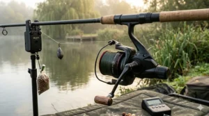 A compact big-pit style carp reel featuring a long-tapered spool designed for increased casting distance on mid-sized UK day ticket waters.