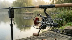 A cutaway diagram showing the corrosion-resistant bearings and zinc-alloy gears inside a durable compact carp reel.