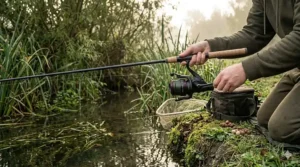 A lightweight compact carp reel paired with a 9ft stalking rod, leaning against a tree near a reedy canal bank.