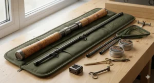 A two-piece carbon fibre carp stalking rod disassembled and stored in a padded olive green rod sleeve, with a small triangular landing net and stalking accessories organised alongside.