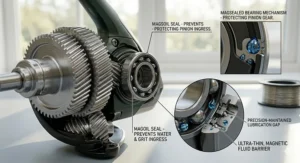 Technical illustration of Daiwa MagSealed technology showing the magnetic oil barrier protecting the pinion gear and bearings from water and grit.
