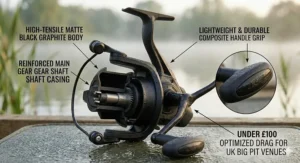 Detailed view of a lightweight graphite body on a budget-friendly carp fishing reel.