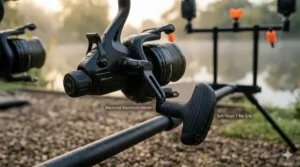 A close-up of a machined aluminium reel handle with a soft-touch T-bar grip for comfortable cranking.