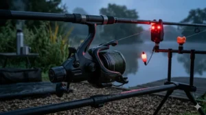 A freespool carp reel positioned behind a glowing bite alarm and bobbin indicator during a night fishing session.