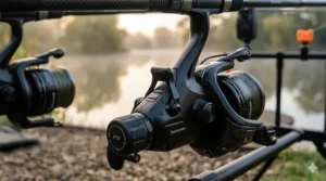 A close-up side profile of a carp reel highlighting the engaged freespool lever and the rear tension adjustment dial.