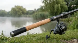 Detailed view of a Fuji reel seat and a slim shrink-wrap handle on a high-end carp rod.