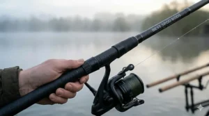 The full-shrink-wrap handle and abbreviated grip of a modern carp spod rod for better casting control.