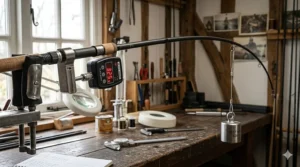 A technical workshop setup showing a carp rod secured horizontally with a 3.25lb weight at the tip to determine the test curve rating.