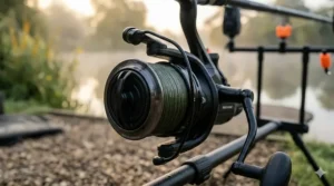 Detail of an angled aluminium spool lip designed to reduce friction and improve casting distance for UK carping.