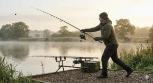 Illustration of a carp angler achieving a long-distance cast on a large UK inland sea.