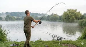 An angler using premium carp rods to perform a long-range overhead cast on a large UK reservoir.