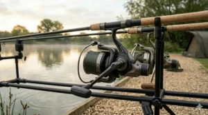 High-detail shot of a modern big pit reel featuring a lightweight magnesium body and rugged internal gearing.