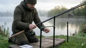 Using distance sticks to wrap out line from a spod rod for accurate baiting at 20 wraps.