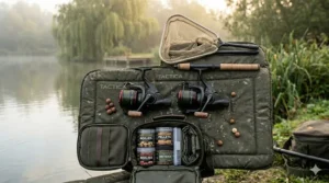 An overhead shot of a compact carp fishing kit including two small reels, a lightweight landing net, and a small rucksack.