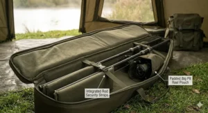 Two 13ft carp rods safely stored in a padded tactical rod sleeve designed for longer blanks.