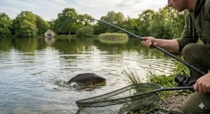 A 12ft carp rod cushioning a powerful lunge from a large common carp in the margins, with a specimen landing net ready on the bank.