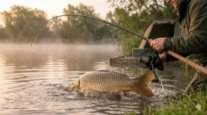 An angler playing a powerful mirror carp at the net using the forgiving action of a 2.75lb test curve rod.