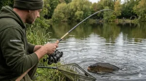 Close-up of a carbon rod blank cushioning the lunges of a mirror carp at the net, demonstrating tip recovery.