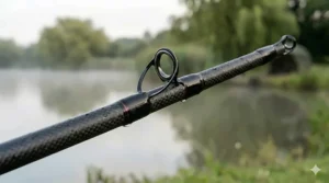 Three premium carp rods set up on stainless steel bankware with bite alarms overlooking a lily pad bay.