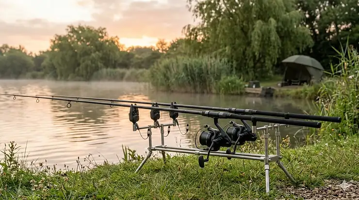 A pair of premium carp rods resting on a high-end rod pod by a British lake at dawn. premium carp rods