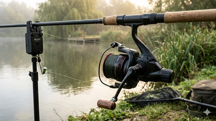 A close-up of a high-end compact carp reel fitted to a modern cork-handle rod, positioned on a bite alarm by a British lake at dawn. compact carp reels