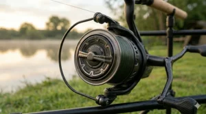 A photorealistic view of a front-mounted quick drag system used by UK anglers to control powerful specimen carp.