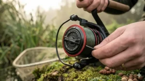 Detailed view of the front drag knob on a compact carp reel, illustrating the quick-set mechanism used for controlling powerful fish.