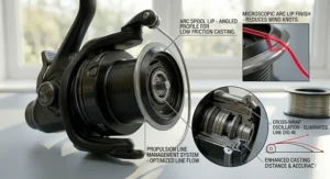 Macro view of the Shimano ARC spool lip and Propulsion Line Management system designed for reduced friction and increased casting distance.
