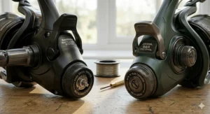 Detailed comparison of the Shimano Baitrunner free spool lever and the Daiwa Bite and Run mechanism on a wooden workbench with angling tools.