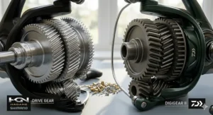Close-up cutaway diagram comparing the internal Shimano Hagane cold-forged gearing and Daiwa Digigear internals for durability and smooth rotation.