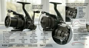 A comprehensive infographic comparing technical specifications and pricing for Shimano and Daiwa carp reels across the UK market tiers.