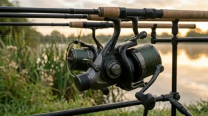 Close-up of perfect line lay on a big pit reel spool, highlighting the slow oscillation system for smoother casting.