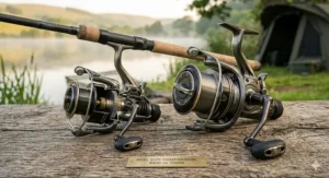 Comparison between a compact 4000 size baitrunner and a big pit reel for long-range carp fishing.