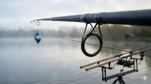 Close-up of a 50mm butt ring on a premium spod rod designed for reduced friction during long casts.