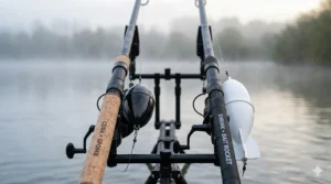 A dedicated spod rod rigged with a large Spomb, ready for baiting up a swim.