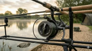 A detailed view of a sprung metal line clip on a big pit reel, essential for accurate distance casting and baiting.