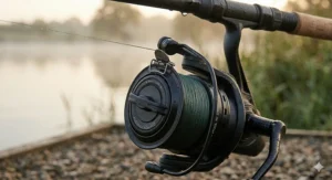 Close-up of a line-friendly metal sprung clip used for accurate baiting on UK venues.