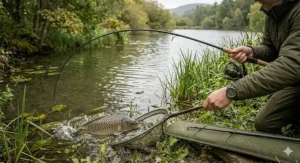 A carp stalking rod under full progressive compression as an angler plays a heavy common carp close to the bank, demonstrating the through-action required for tight British swims.